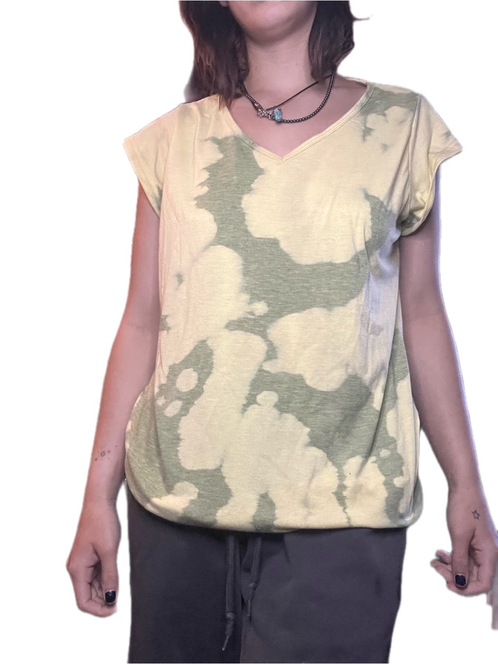 Casual Women's Yellow & Sage Tie-Dye V-Neck Top